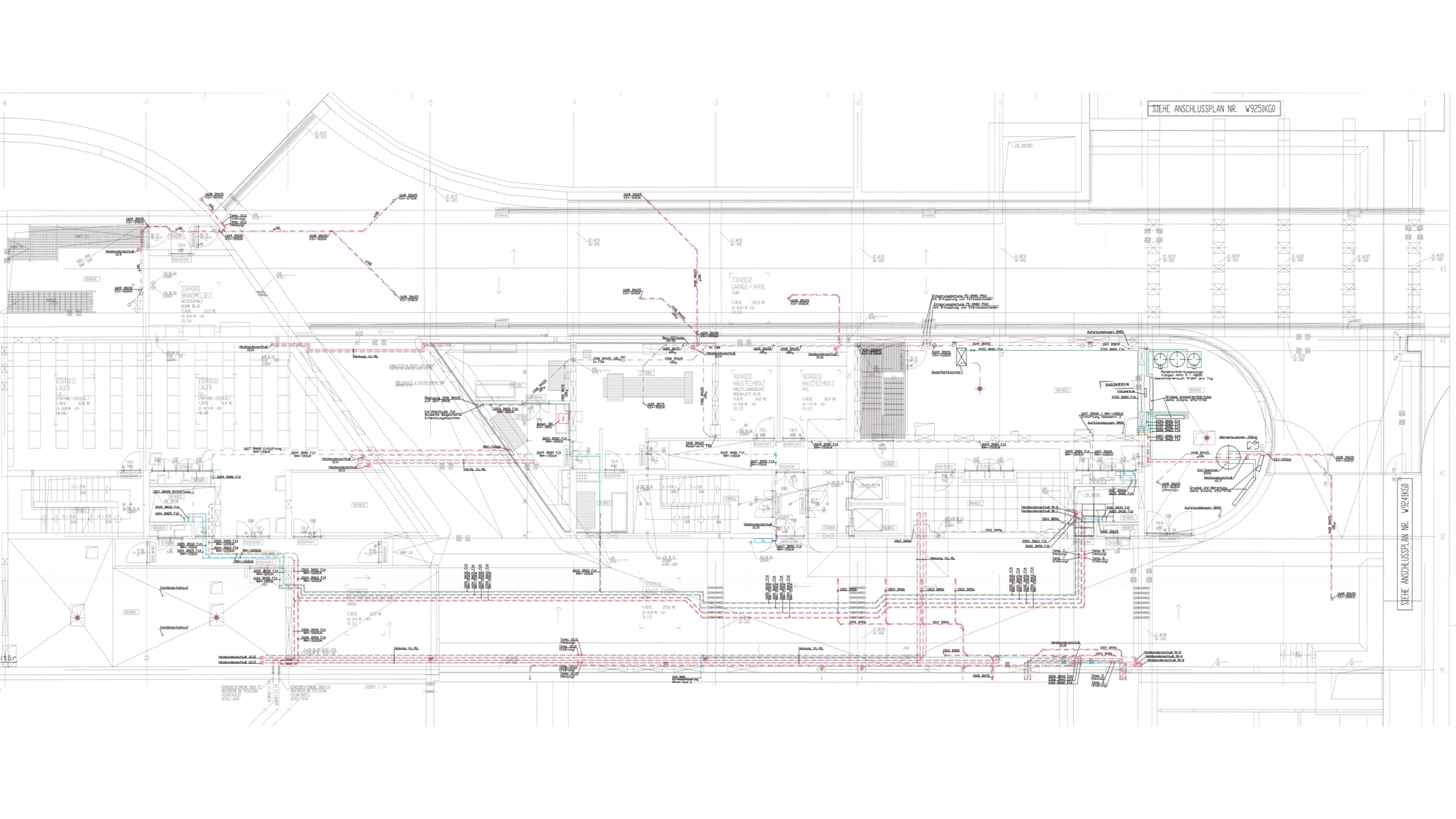 The same scanned plan with detected pipe routes highlighted across the full sheet.