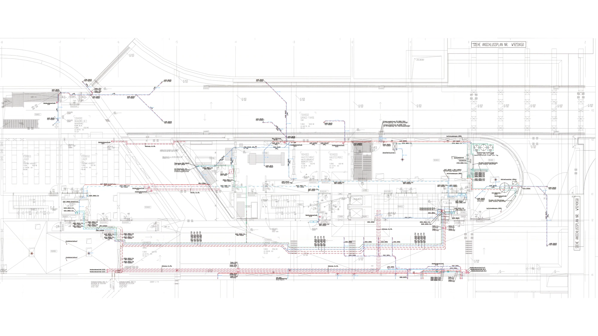 A scanned building-services engineering plan with detected pipe runs highlighted and separated by colour by the computer-vision pipeline.